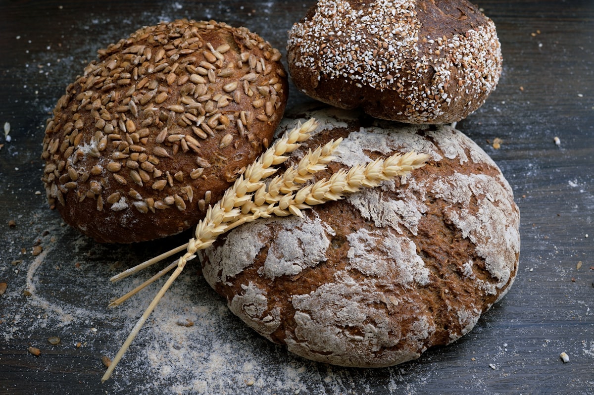 Artisan bread display with fresh loaves and pastries